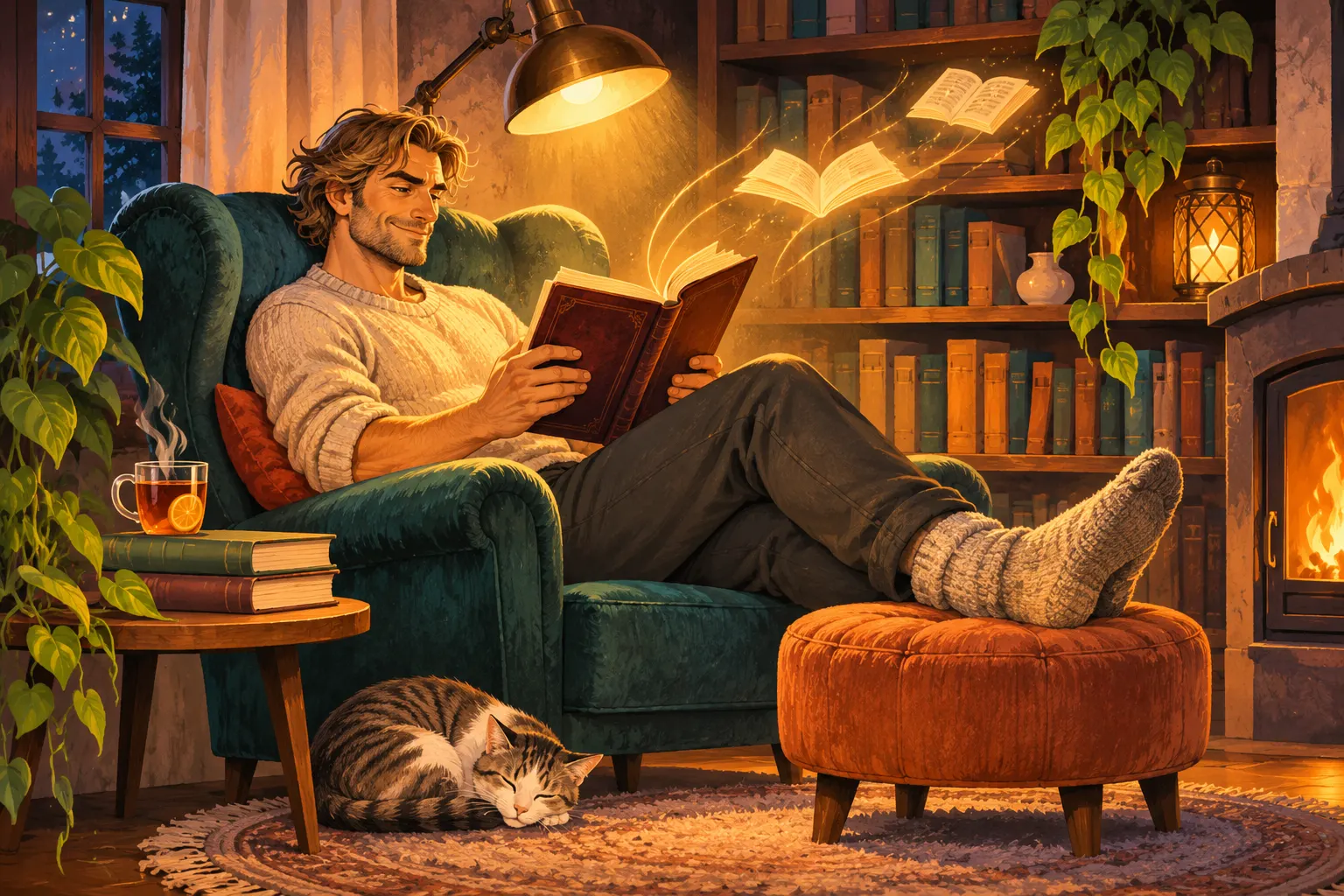 A man reads a book in a green wingback armchair with a cushion behind his back, his feet on a footstool; above him a lamp, beside him a side table with tea and books, a cat asleep on the floor, and a bookcase and fireplace in the background.