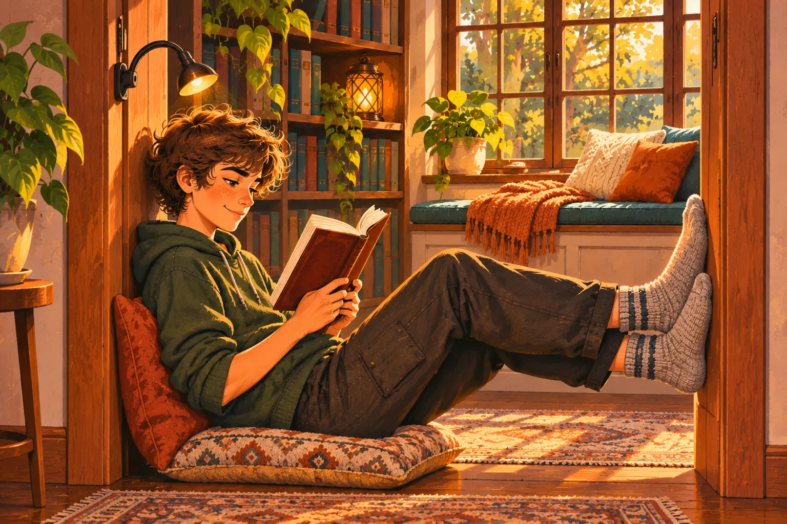 A teenager reads in a doorway, sitting on one cushion with his back against another and his feet against the opposite side of the frame; in the background, a window seat with cushions and a blanket.