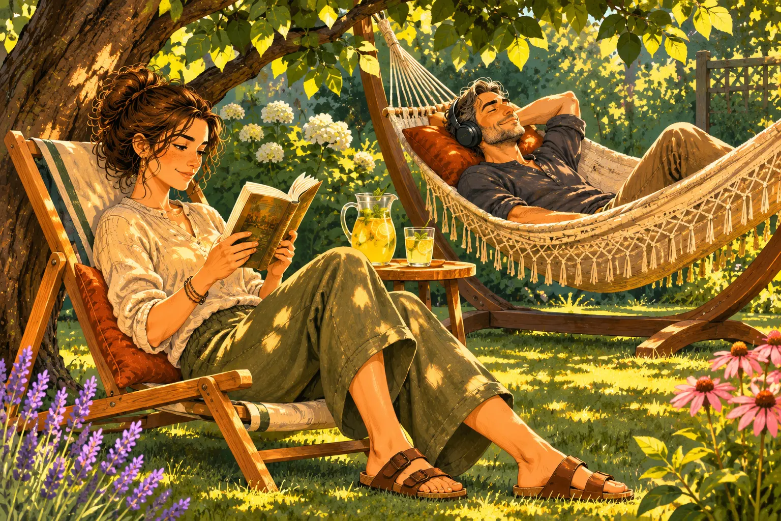 In a garden, a woman reads on a wooden deck chair with a cushion behind her back, while a man lies in a hammock next to her wearing headphones; there is lemonade on a small table.