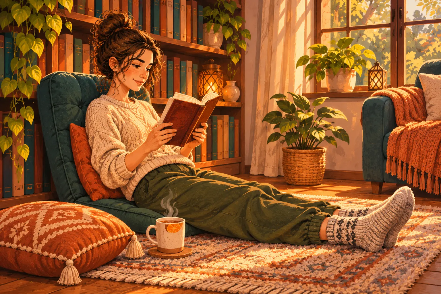A woman reads on the floor, her back against a soft backrest by the bookcase and her legs stretched out on the rug; next to her are a mug of tea and a large cushion.