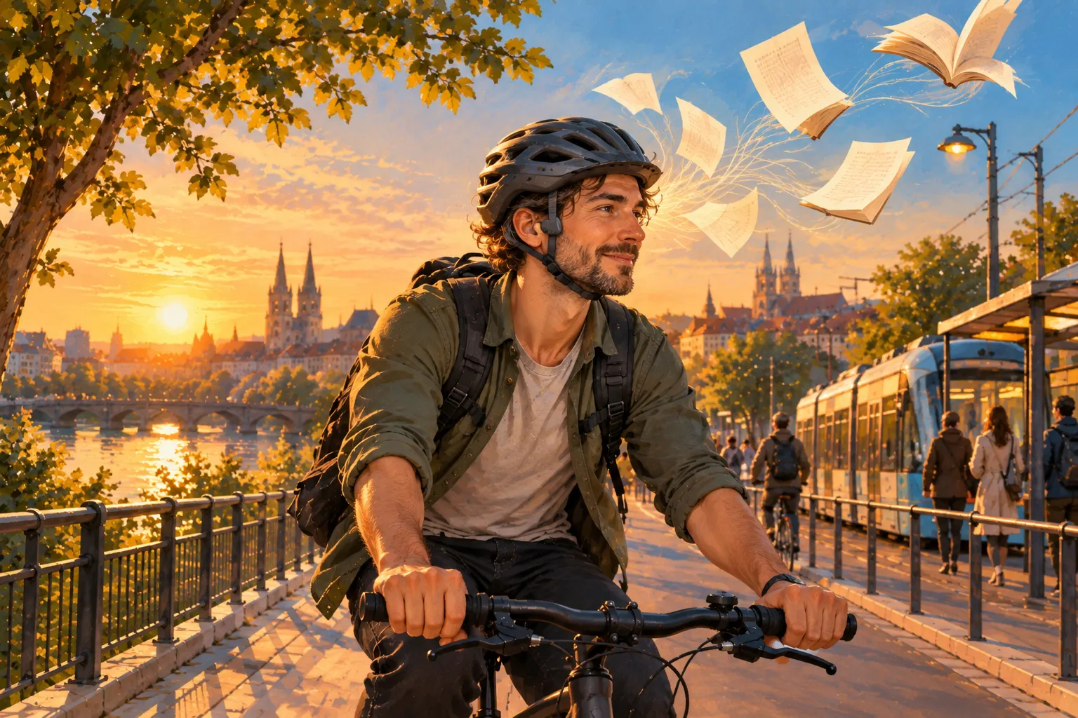 A cyclist in a helmet wearing bone-conduction headphones (ears left open) rides along a city bike lane in golden light; a tram stop beside him and book pages fluttering above.