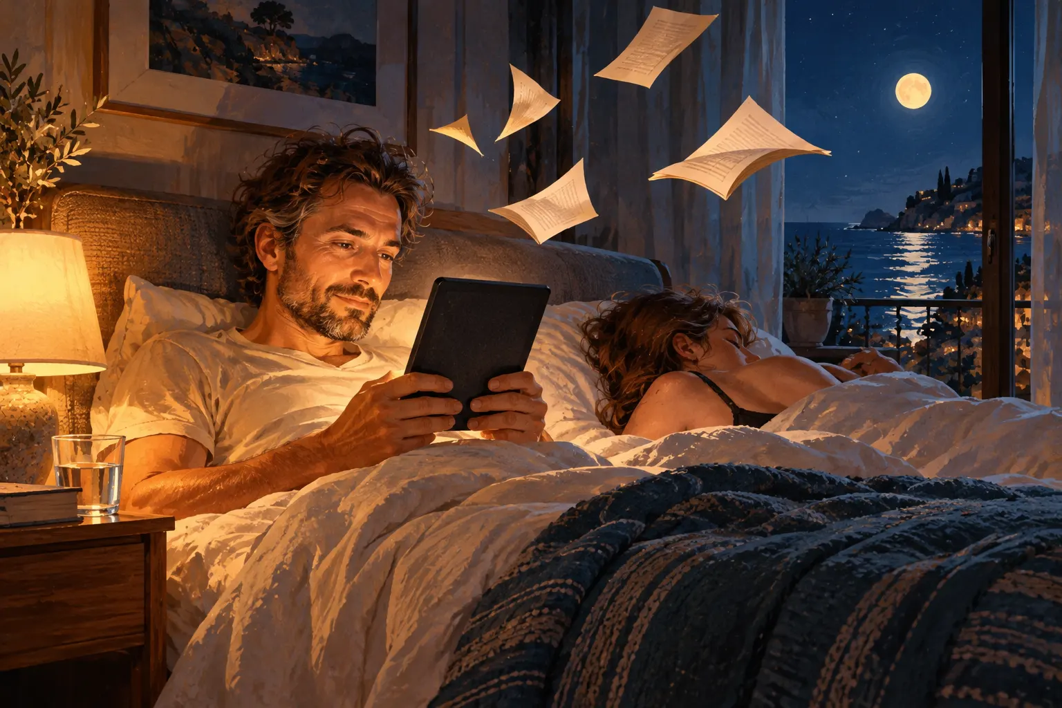 Evening in a room with a sea view: a man reads an e-reader in bed by a bedside lamp while his partner sleeps beside him, the moon outside the window.