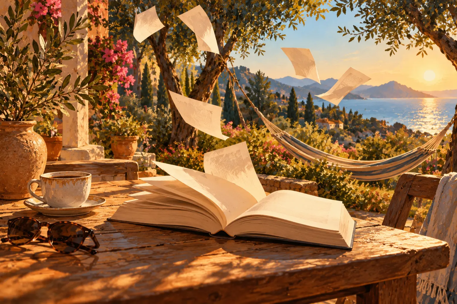 An open paper book on a wooden table on a terrace, with a cup of coffee and sunglasses beside it; a hammock, a garden and the sea at sunset in the background.