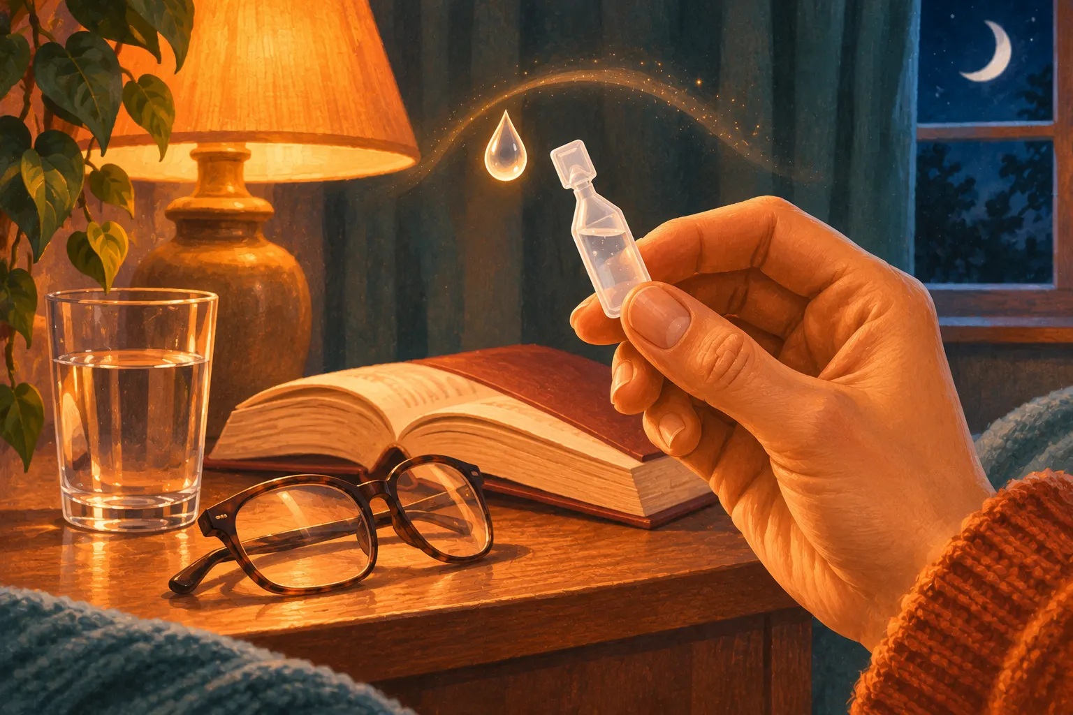 Uma mão segura um flaconete de colírio de dose única sobre o criado-mudo, onde estão um livro aberto, óculos e um copo de água.