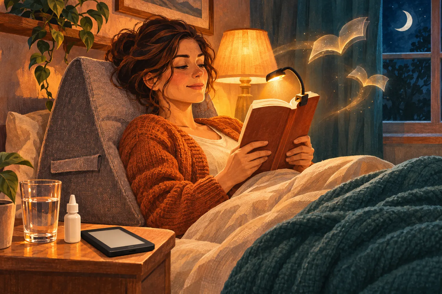 Uma mulher lê um livro na cama, encostada em uma almofada triangular; uma pequena luminária está presa ao livro, no criado-mudo há um copo de água, um colírio e um leitor de e-books, e pela janela se vê a lua.