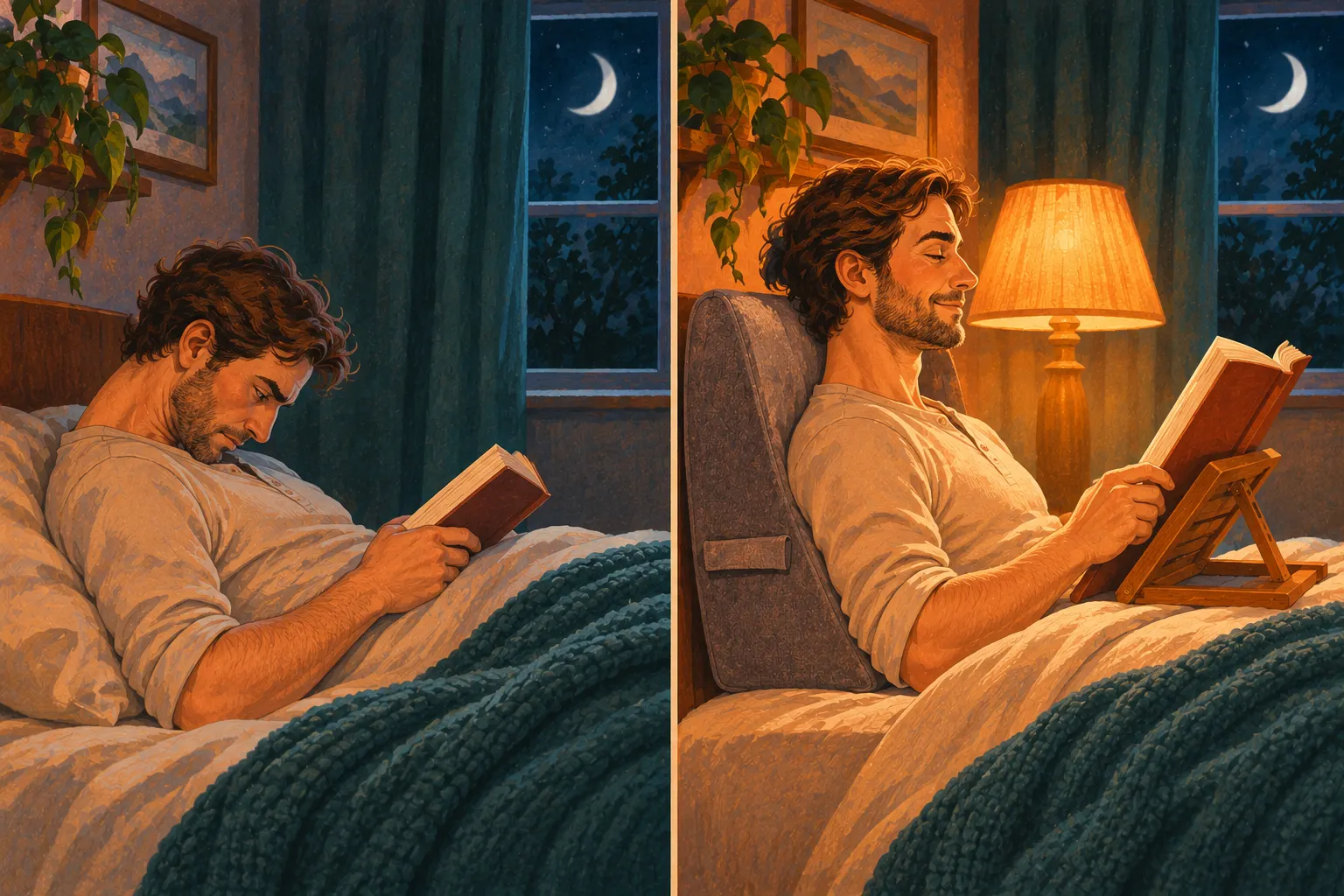 O mesmo homem lê na cama duas vezes: à esquerda, deitado com a cabeça curvada sobre o livro; à direita, sentado e apoiado em uma almofada triangular, com o livro em um suporte.