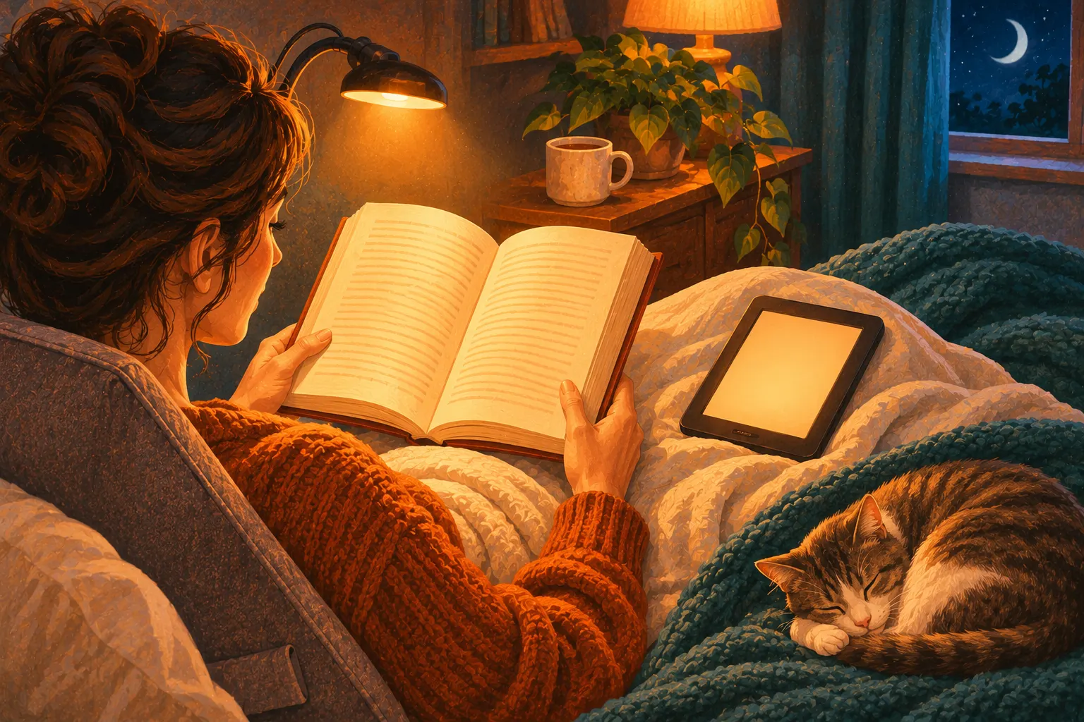 Uma mulher lê na cama um livro iluminado por uma luminária atrás do ombro; ao lado dela há um leitor digital com luz quente e, aos pés da cama, um gato dorme.