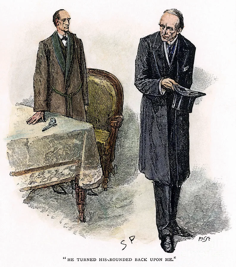 Rysunek Sidneya Pageta z 1893 roku: Sherlock Holmes w płaszczu i czapce myśliwskiej, z profilu, z fajką.