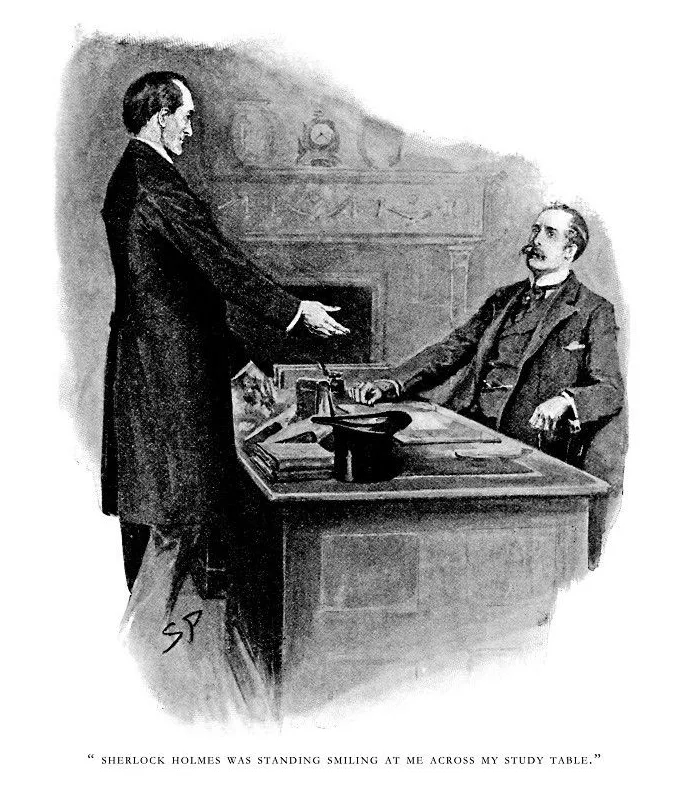 Ilustracja Sidneya Pageta do „Pustego domu”: Watson w ciemnym pokoju rozpoznaje Holmesa, który wrócił po trzech latach.