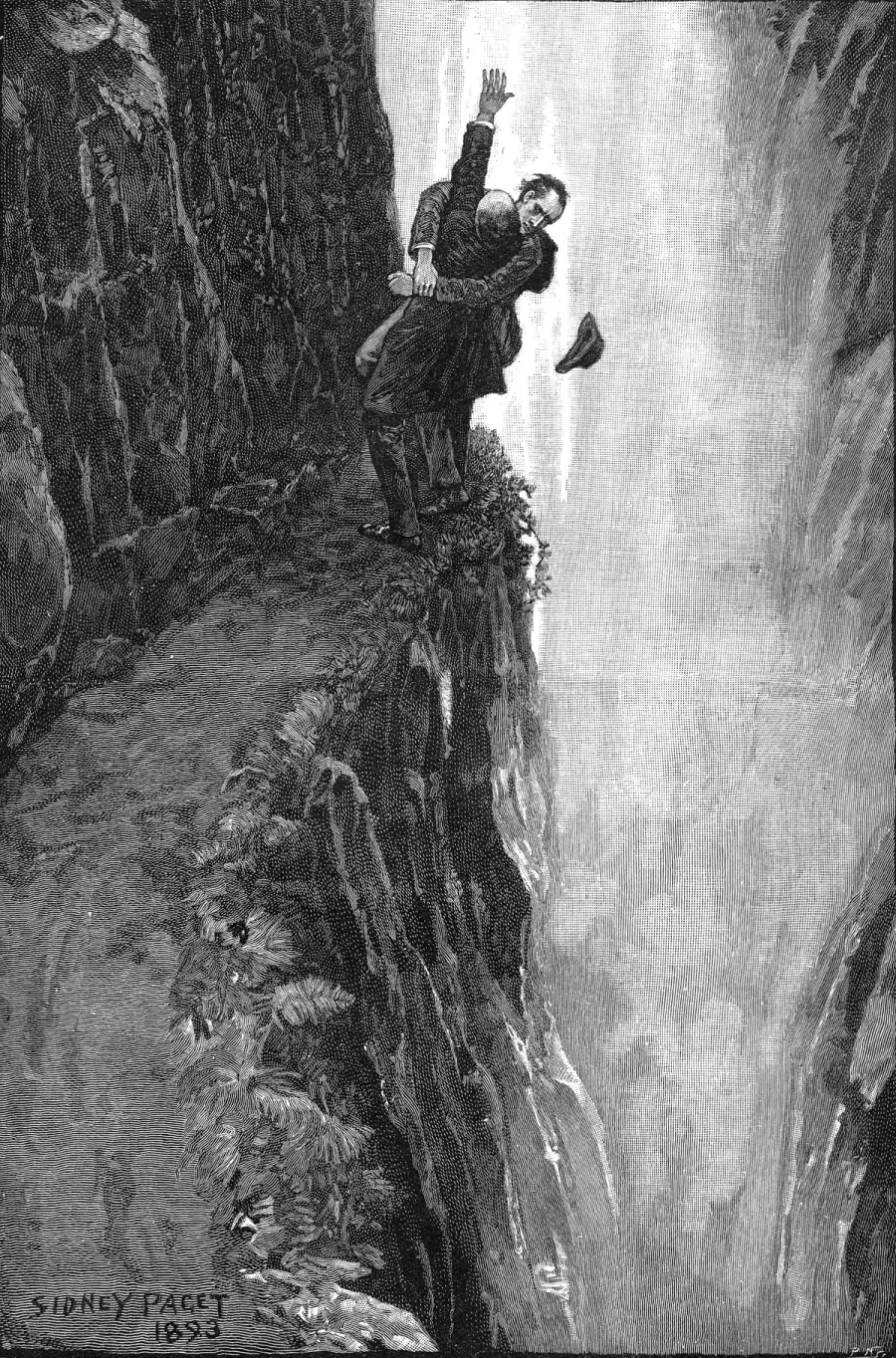 Ilustracja Sidneya Pageta: Holmes i profesor Moriarty szamoczą się na skalnej półce nad wodospadem Reichenbach.