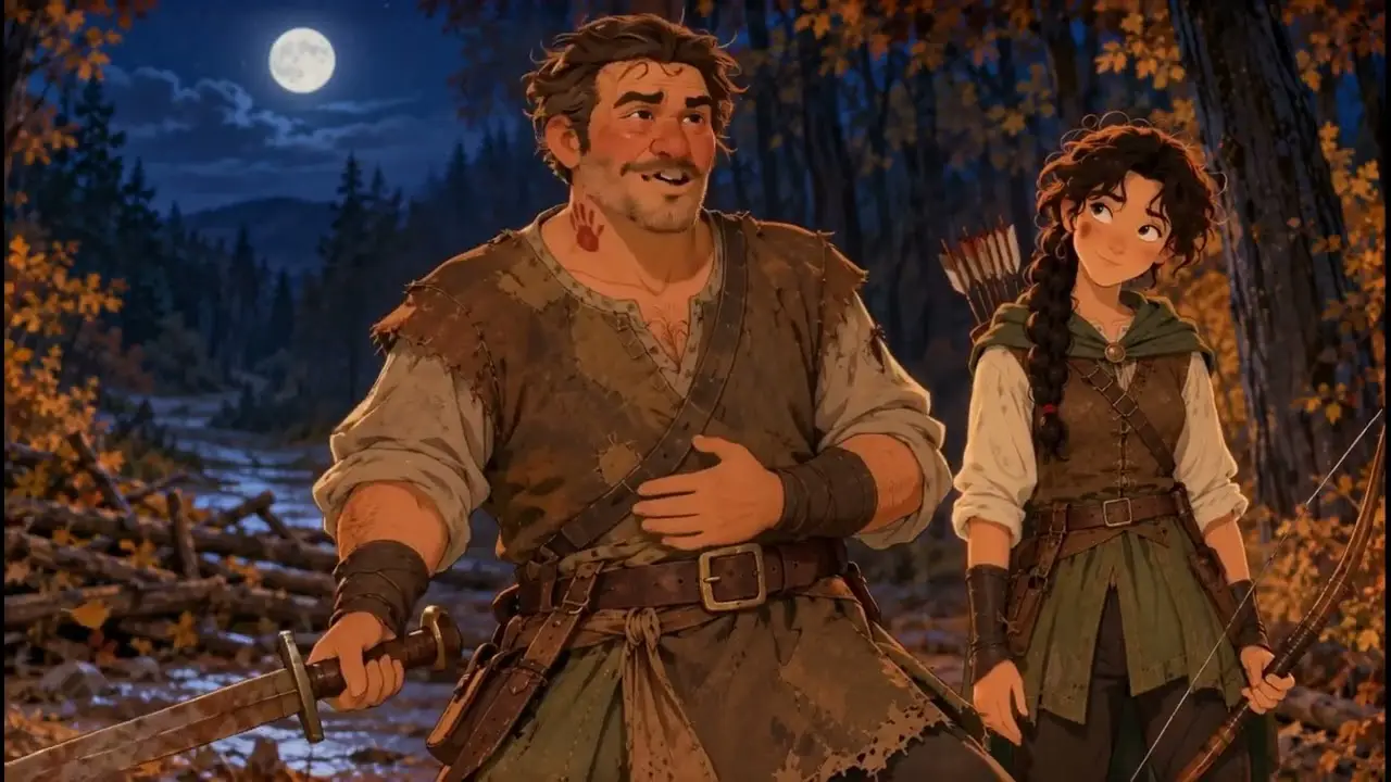 Kadr z filmu: Royce i Hadrian na leśnej drodze.